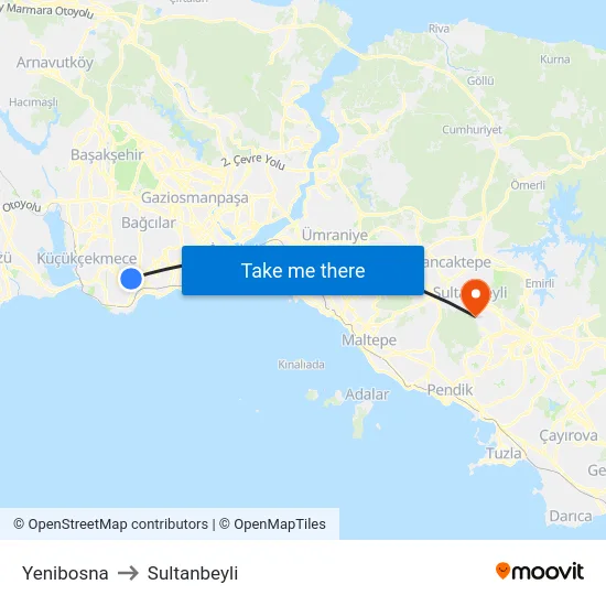 Yenibosna to Sultanbeyli map