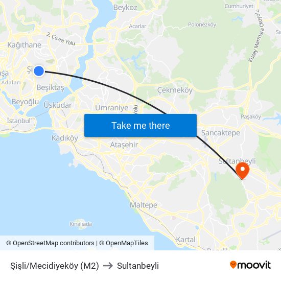 Şişli/Mecidiyeköy (M2) to Sultanbeyli map