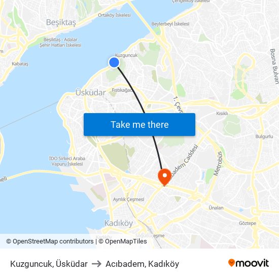 Kuzguncuk, Üsküdar to Acıbadem, Kadıköy map