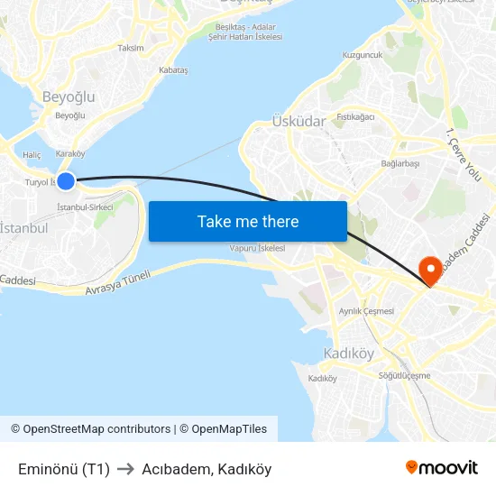 Eminönü (T1) to Acıbadem, Kadıköy map