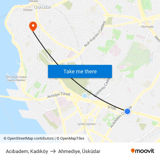 Acıbadem, Kadıköy to Ahmediye, Üsküdar map