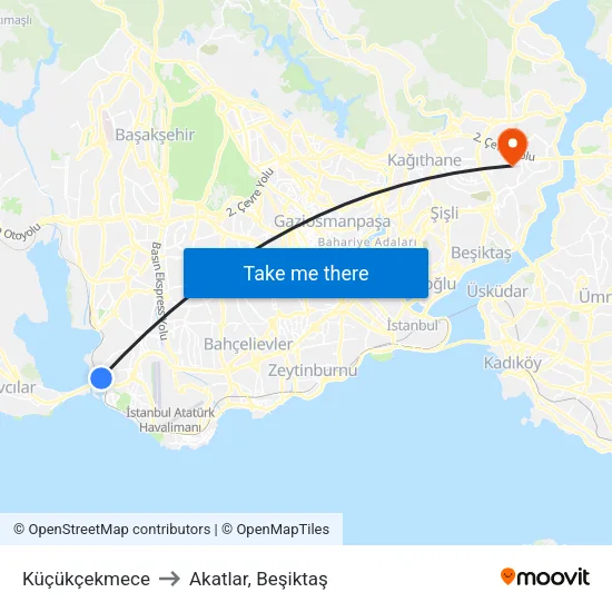 Küçükçekmece to Akatlar, Beşiktaş map