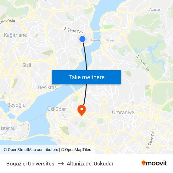 Boğaziçi Üniversitesi to Altunizade, Üsküdar map