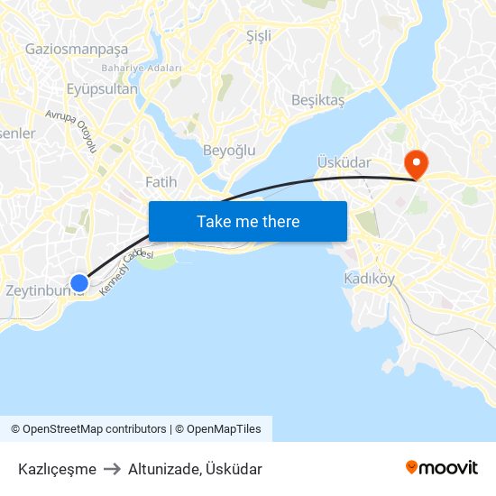 Kazlıçeşme to Altunizade, Üsküdar map