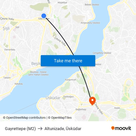 Gayrettepe (M2) to Altunizade, Üsküdar map