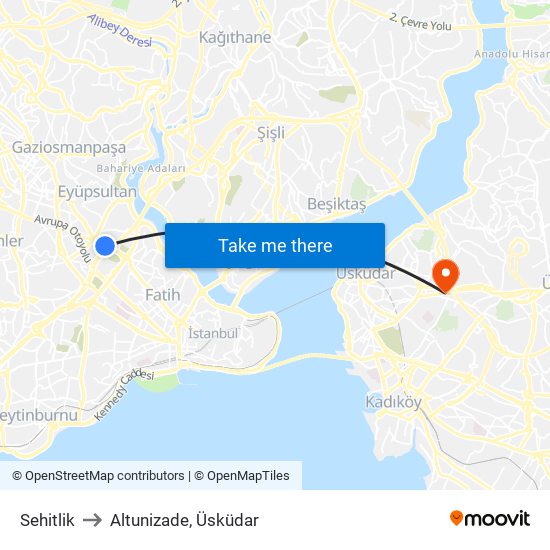 Sehitlik to Altunizade, Üsküdar map