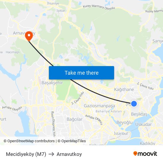 Mecidiyeköy (M7) to Arnavutkoy map