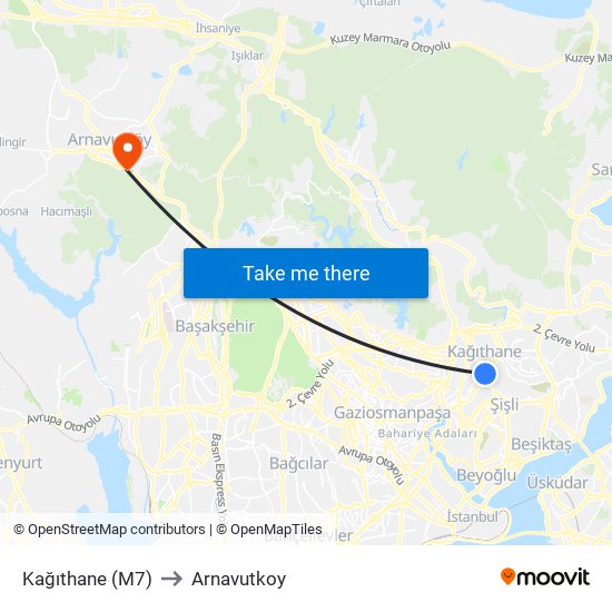 Kağıthane (M7) to Arnavutkoy map