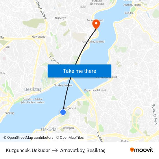 Kuzguncuk, Üsküdar to Arnavutköy, Beşiktaş map