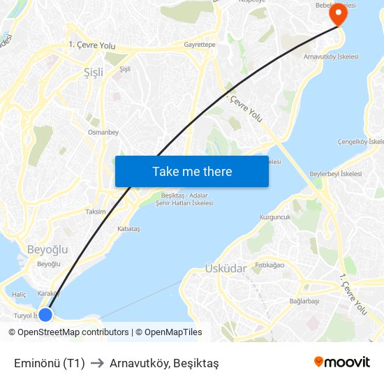 Eminönü (T1) to Arnavutköy, Beşiktaş map