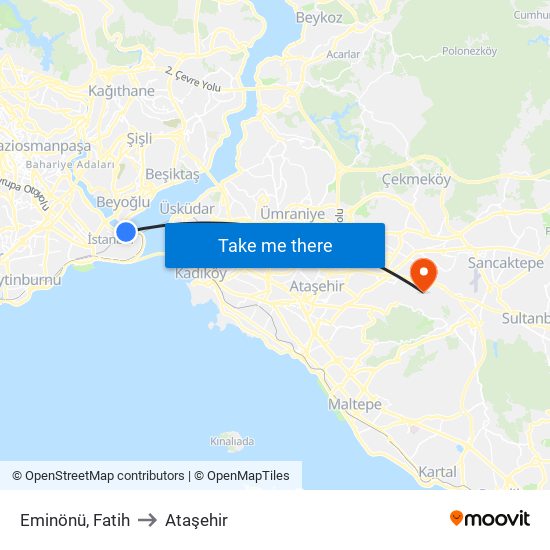 Eminönü, Fatih to Ataşehir map