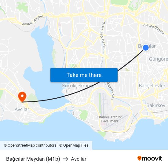 Bağcılar Meydan (M1b) to Avcilar map