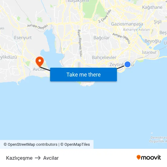 Kazlıçeşme to Avcilar map