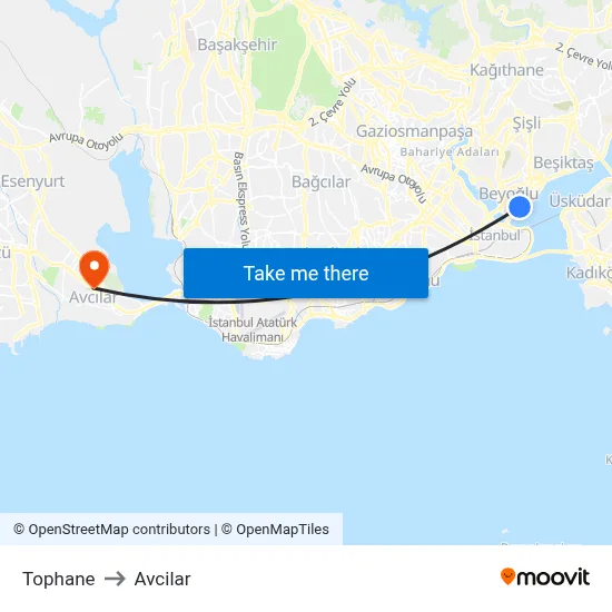 Tophane to Avcilar map