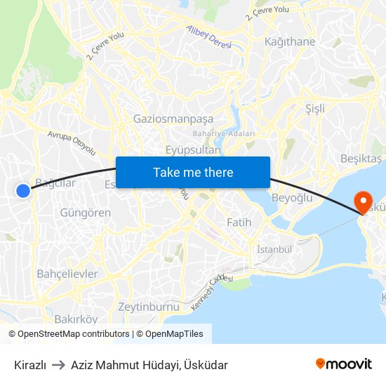 Kirazlı to Aziz Mahmut Hüdayi, Üsküdar map