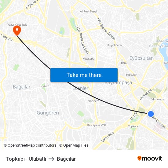 Topkapı - Ulubatlı to Bagcilar map