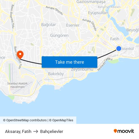 Aksaray, Fatih to Bahçelievler map
