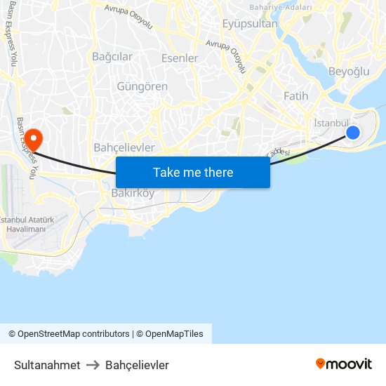Sultanahmet to Bahçelievler map