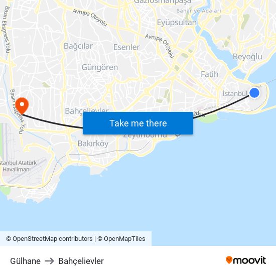 Gülhane to Bahçelievler map