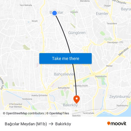 Bağcılar Meydan (M1b) to Bakirköy map