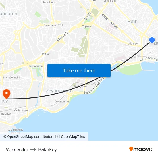 Vezneciler to Bakirköy map