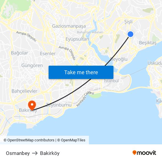 Osmanbey to Bakirköy map