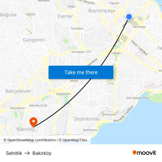 Sehitlik to Bakirköy map