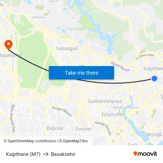 Kağıthane (M7) to Basaksehir map