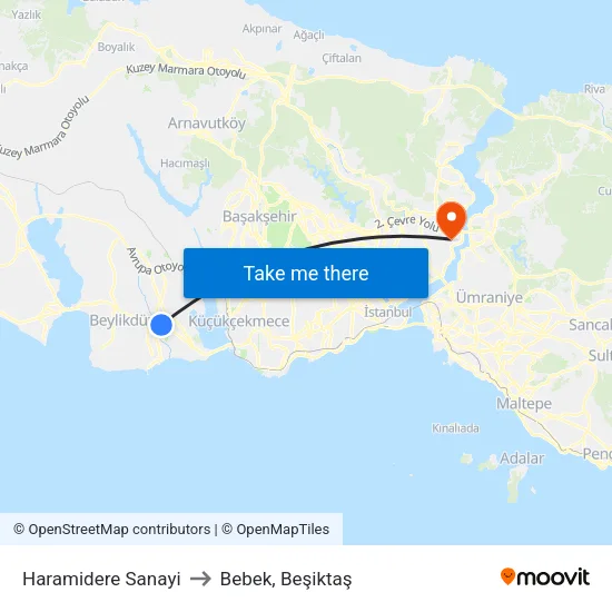 Haramidere Sanayi Sitesi - Avcılar Yönü to Bebek, Beşiktaş map