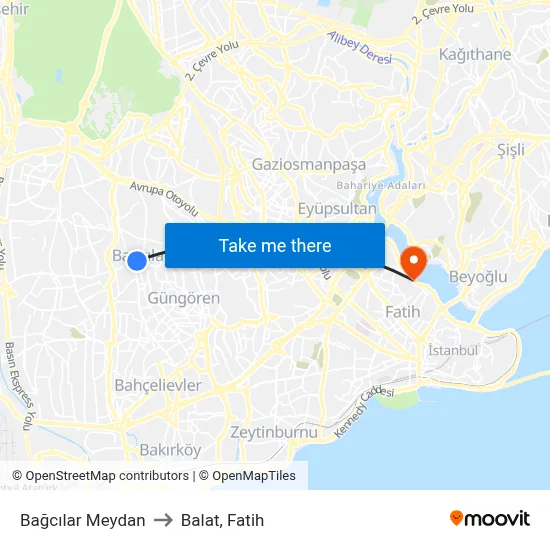 Bağcılar Meydan to Balat, Fatih map