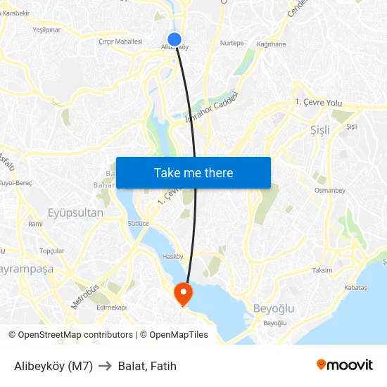 Alibeyköy (M7) to Balat, Fatih map