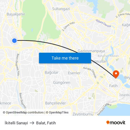 İkitelli Sanayi to Balat, Fatih map
