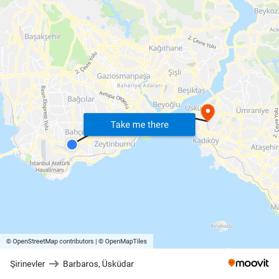 Şirinevler to Barbaros, Üsküdar map
