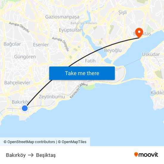 Bakırköy to Beşiktaş map