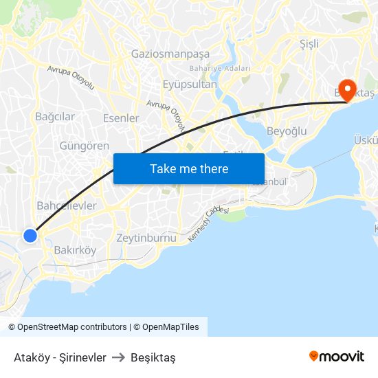 Ataköy - Şirinevler to Beşiktaş map