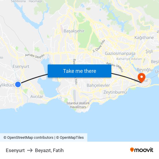 Esenyurt to Beyazıt, Fatih map