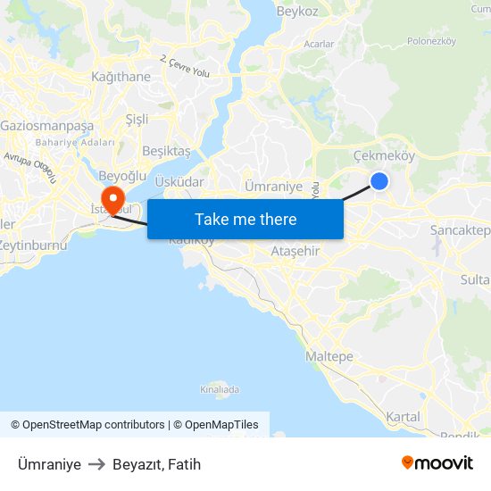 Ümraniye to Beyazıt, Fatih map