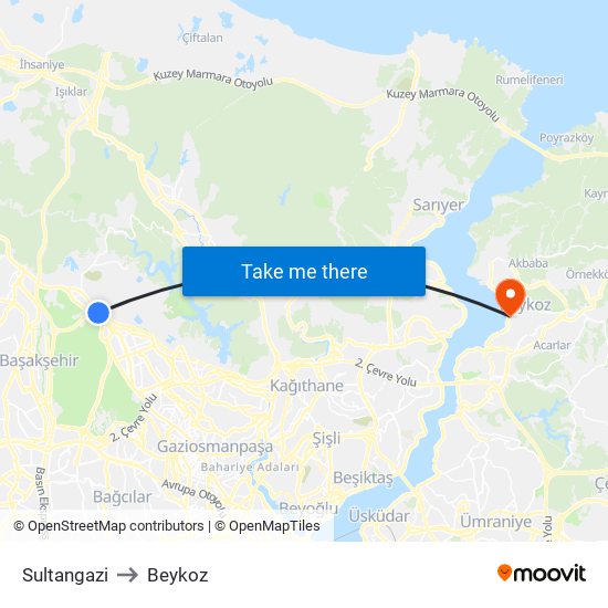 Sultangazi to Beykoz map