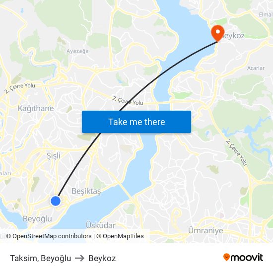 Taksim, Beyoğlu to Beykoz map