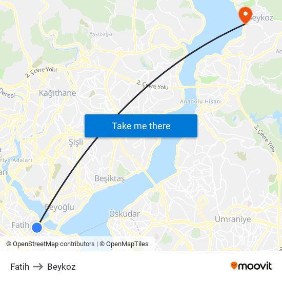 Fatih to Beykoz map