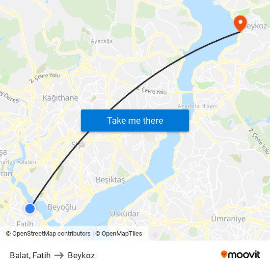 Balat, Fatih to Beykoz map