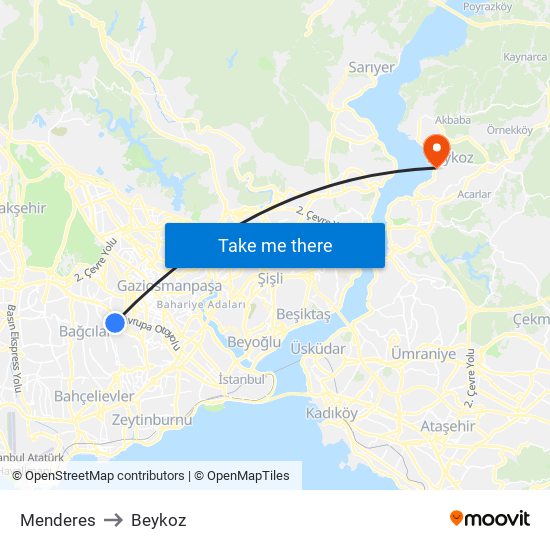 Menderes to Beykoz map