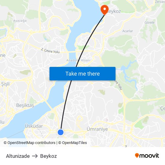 Altunizade to Beykoz map