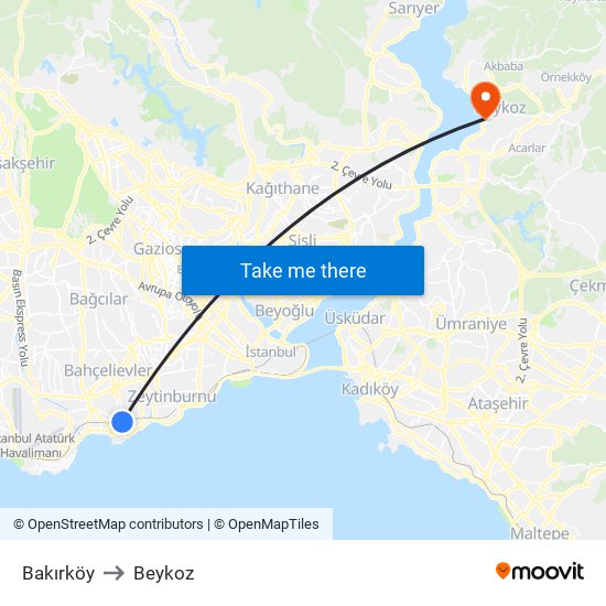 Bakırköy to Beykoz map