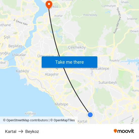 Kartal to Beykoz map
