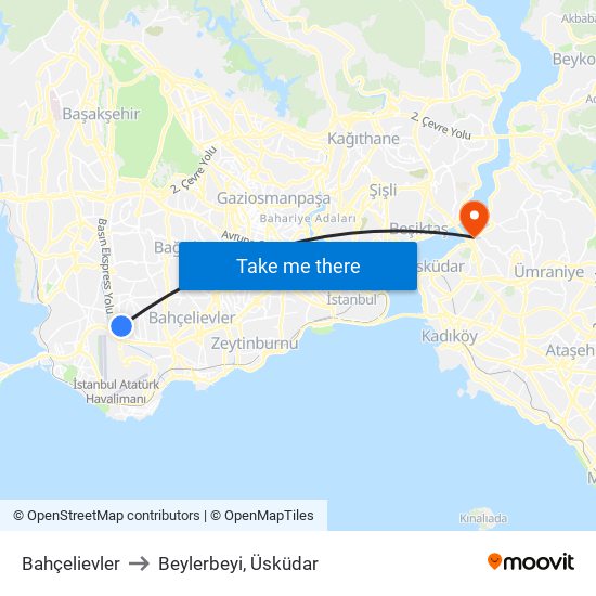 Bahçelievler to Beylerbeyi, Üsküdar map