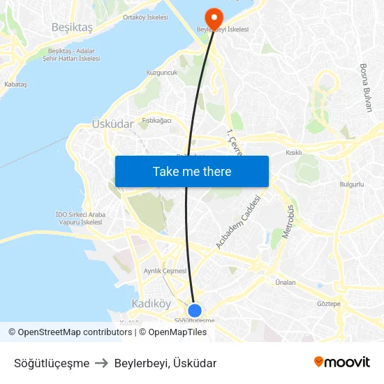 Söğütlüçeşme to Beylerbeyi, Üsküdar map
