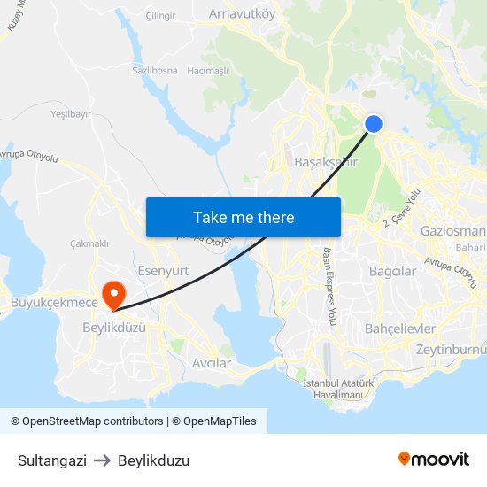 Sultangazi to Beylikduzu map