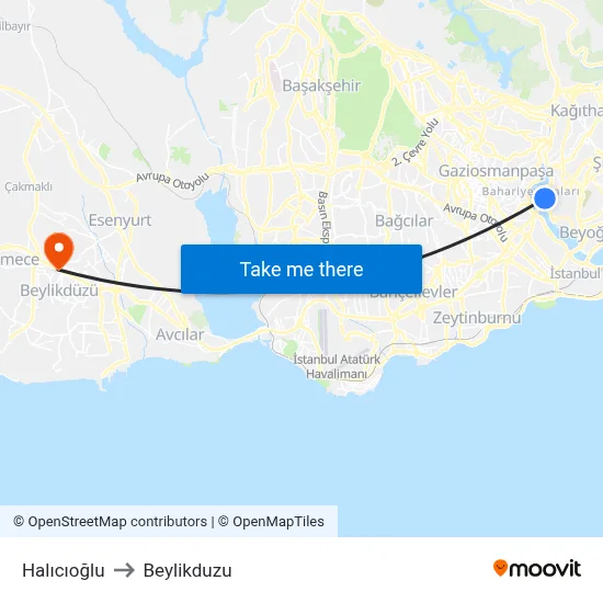 Halıcıoğlu to Beylikduzu map