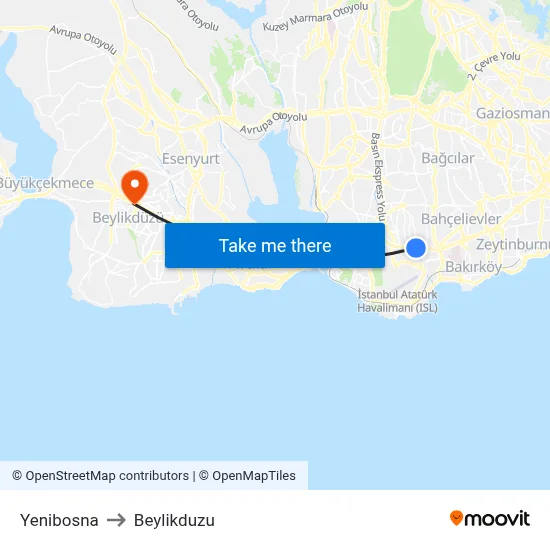 Yenibosna to Beylikduzu map